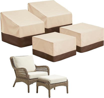 loriano 4-Pack Outdoor Furniture Covers, 2 x Patio Chair Covers + 2 x Ottoman Covers, Waterproof Heavy Duty 600D Oxford Fabric, All Weather UV/Wind Resistant, Beige & Brown