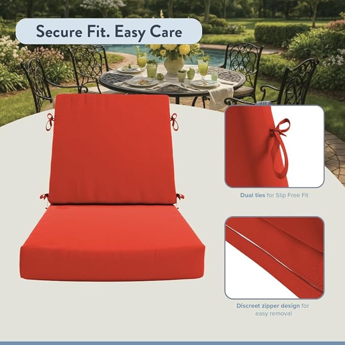California Umbrella Outdoor Dining Chair, Set of 2 Patio Seat Cushions, 20 x 40 Inch, Premium Outdoor Memory Foam, Fade Resistant, Sunbrella Fabric, Fabric Ties, Melon