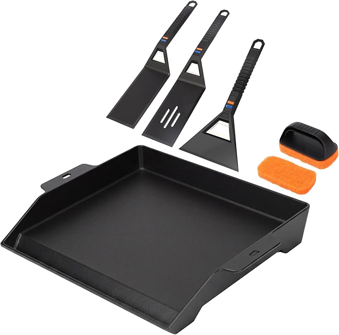 Utheer Griddle Kit, 17" x 13" Pre-Seasoned Cast Iron Flat Top Griddle with 5-Piece Scratch-Free Silicone Tools, Universal Grill Griddle for Gas Grill & Stove Top, BBQ, Camping and Cooking