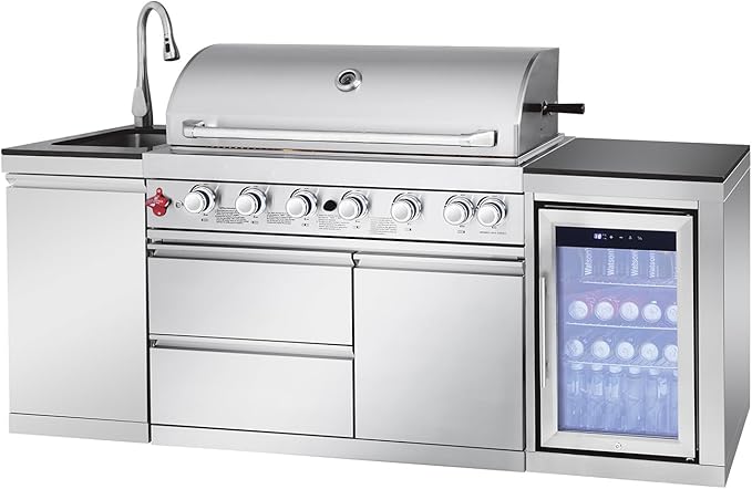 BBQ Outdoor Kitchen Island Grill Barbecue Modular Patio Kitchens Kits with Electric Rotisserie, Sink, fridge, and Burner for More than 10 People