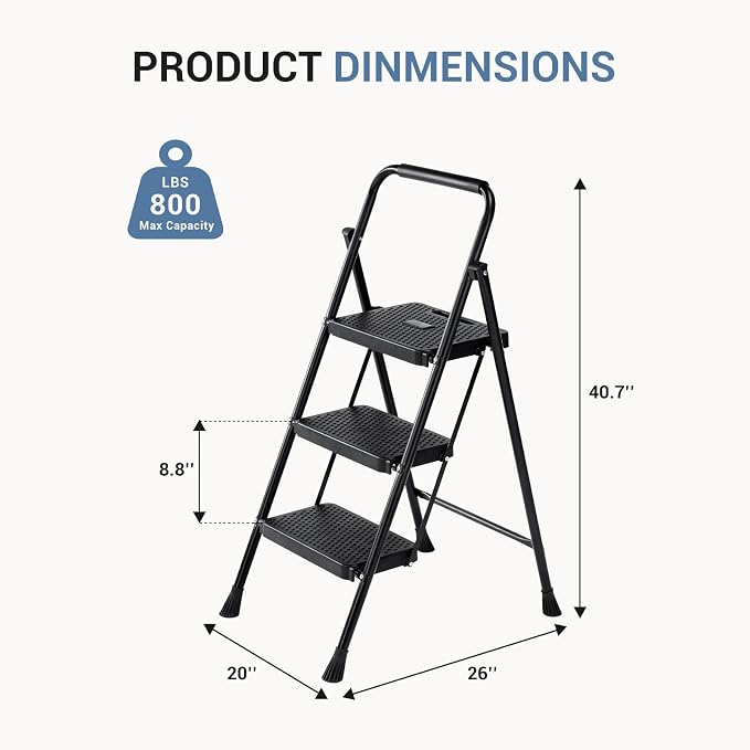 DUMOS 3 Step Ladder, Sturdy Step Stool with Anti-Slip Pedal & Comfortable Handrail, Portable Heavy Duty Stool for Kitchen, Garage & Outdoor, 800lbs, Black