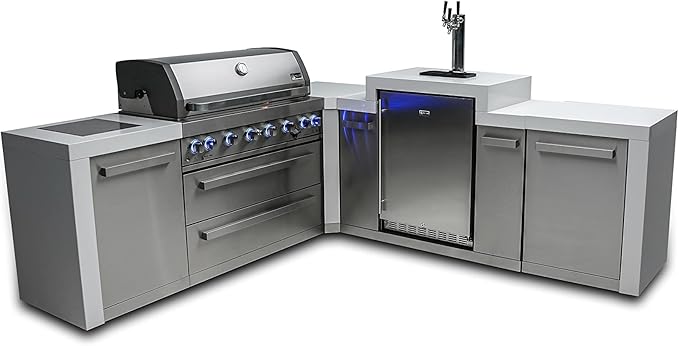 Mont Alpi 94"W x 98"D Deluxe Stainless Steel L-shaped Modular Outdoor Kitchen Island with 3-tap Kegerator Beer Dispenser Refrigerator + 44"W 6-Burner BBQ Grill + Granite Countertops + Storage Cabinets
