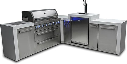 Mont Alpi 94"W x 98"D Deluxe Stainless Steel L-shaped Modular Outdoor Kitchen Island with 3-tap Kegerator Beer Dispenser Refrigerator + 44"W 6-Burner BBQ Grill + Granite Countertops + Storage Cabinets