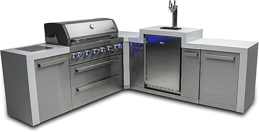 Mont Alpi 94"W x 98"D Deluxe Stainless Steel L-shaped Modular Outdoor Kitchen Island with 3-tap Kegerator Beer Dispenser Refrigerator + 44"W 6-Burner BBQ Grill + Granite Countertops + Storage Cabinets