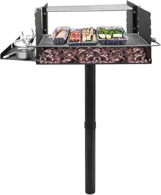 Large Park Style Grill, Single Post Outdoor Grill with Spring Handle & Side Shelf, Heavy Duty In Ground Park Charcoal BBQ Grills for Camping, Outdoor Cooking, 40'' L x 25.5'' W x 52.5'' H