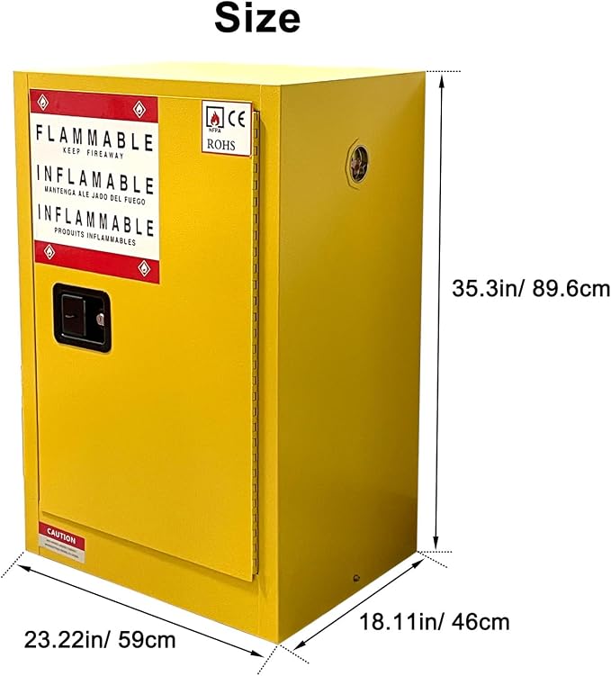 Flammable Safety Storage 23" x 18" x 35.3" Industry Hazardous Cabinet | 24 Gal Fireproof Safe, Manual Closing Doors, Double-Wall Steel, 2 Adjustable Shelves, OSHA Compliant, For Gas Liquid Fuel
