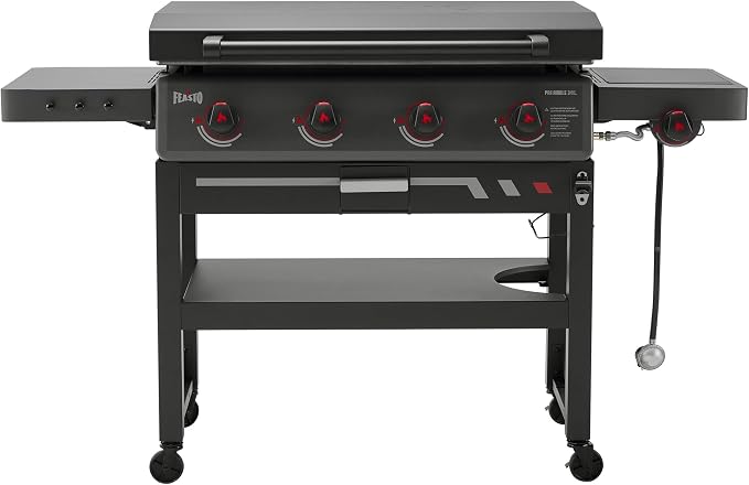 Feasto 36-Inch 4 Burner Propane Flat Top Grill with Hood and Side Burner | 720 Sq. In. Outdoor Griddle with Protective Hood, 50,000 BTU Main Burners, 13,000 BTU Lidded Side Burner, Folding Side Table