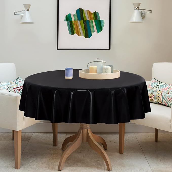 sancua 100% Waterproof Vinyl Tablecloth Table Cloth 60 Inch Round, Black | Oil Spill Proof, PVC Material, Wipe Clean Table Cover for Dining Tables, Buffet Parties and Camping