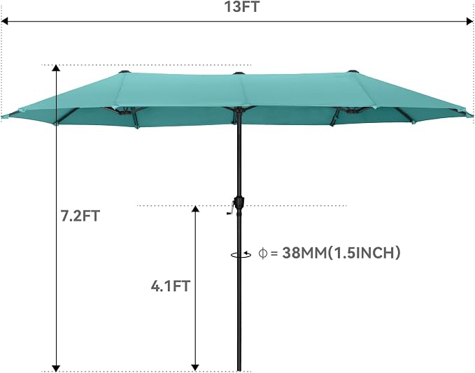 GREEN PARTY 13 ft Outdoor Patio Umbrella, Large Rectangular Table Umbrellas | Double-Sided, UV & Fade Resistant Canopy for Deck Poolside Garden Backyard, Market Umbrella with Crank & 1.5" Pole, Turquoise