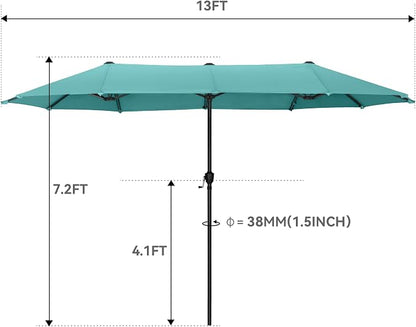 GREEN PARTY 13 ft Outdoor Patio Umbrella, Large Rectangular Table Umbrellas | Double-Sided, UV & Fade Resistant Canopy for Deck Poolside Garden Backyard, Market Umbrella with Crank & 1.5" Pole, Turquoise