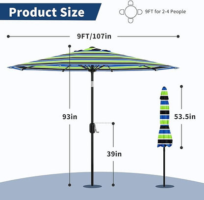 Garvee 9 ft Patio Umbrella - 8 Sturdy Ribs Outdoor Table Umbrella with Crank Lift & Push Button Tilt - Market Umbrella for Pool, Deck, Yard, Garden - Tricolor Stripe
