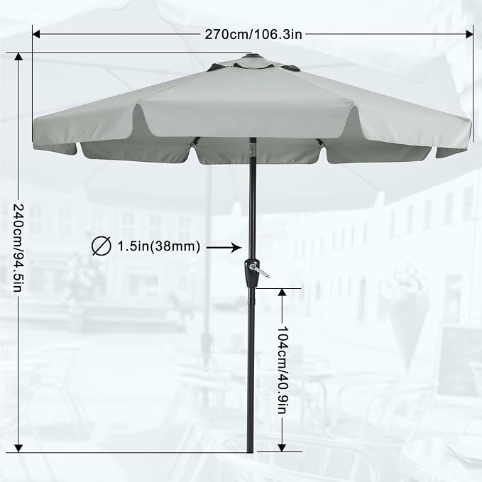 MASTERCANOPY 9ft Patio Umbrella with Valance, Crank & Tilt, Light Gray | 8 ribs, UV/fade-resist, waterproof, vent, for garden/deck/yard/pool
