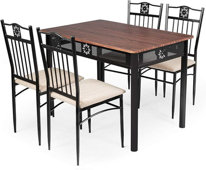 Tangkula 5 Pieces Dining Table and Chairs Set, Vintage Retro Wood Top Metal Frame Padded Seat Dining Table Set Home Kitchen Dining Room Furniture
