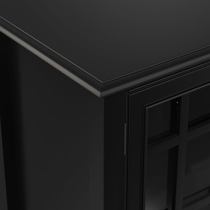 SIMPLIHOME Connaught 60" Wide Solid Wood Buffet Cabinet in Black | Traditional sideboard with glass doors, adjustable shelves and notched legs for the dining room, entryway or living room.