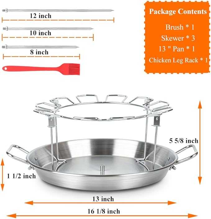 Vertical Skewer Gyro Spit Pan with Chicken Leg Rack for Grill, 13 Inch Stainless Steel-Shawarma Stand for Oven, Al Pastor Skewer with 8-12 Inch Sticks, for Tacos, Chicken Drumstick, Brazilian