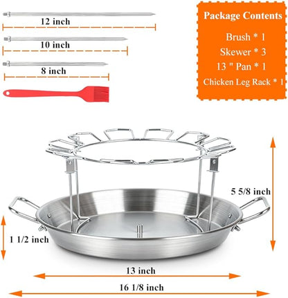Vertical Skewer Gyro Spit Pan with Chicken Leg Rack for Grill, 13 Inch Stainless Steel-Shawarma Stand for Oven, Al Pastor Skewer with 8-12 Inch Sticks, for Tacos, Chicken Drumstick, Brazilian