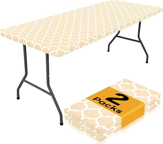 Smiry 2 Pack Rectangle Table Cloth 6 Foot, Waterproof Elastic Fitted Tablecloths, Windproof Washable Polyester Table Cover for Picnic, Camping, Outdoor (Beige, 30"x72")