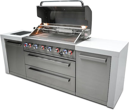 Mont Alpi MAi805-D 44-inch 6 Burner Stainless Steel Deluxe Modular Outdoor Kitchen Island BBQ Grill with Storage + Side Burner + Granite Countertops & Sides + Rotisserie, Chopping Board & Grill Cover