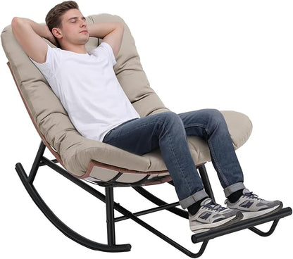 COMHOMA Outdoor Rocking Papasan Chair, Oversized Wicker Patio Rocker, Indoor Comfy Wicker Reading Lounge, Bed-Like Comfort Egg Chair for Bedroom,Balcony, Porch, Garden, Brown