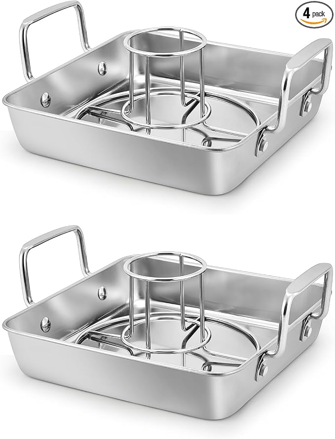 Leonyo Beer Can Kitchen Holder with 9IN Roasting Pans for Grill, 2 Pack | Heavy Duty Stainless Steel Vertical Beer Can Kitchen Stand for Smoker with Sqaure Roaster Pan, Dishwasher Safe