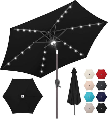 Solar Patio Umbrella with Centre Light, 7.5 ft Black | 24 LED Lights, UV Protection, Small Solar Outdoor Umbrella for Porch, Deck, Pool, Table, Garden, Provides Evening Lighting