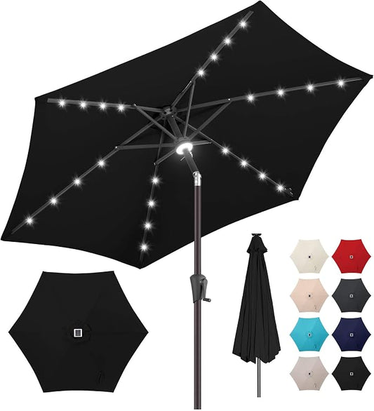 Solar Patio Umbrella with Centre Light, 7.5 ft Black | 24 LED Lights, UV Protection, Small Solar Outdoor Umbrella for Porch, Deck, Pool, Table, Garden, Provides Evening Lighting