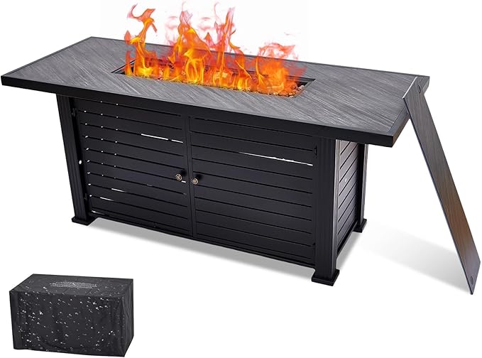 57" Fire Pit Table, 50000BTU Rectangle Propane Fire Table with Cover & Rain Cover, Sturdy Steel and Iron Fence Surface, CSA Safety Certified, Companion for Your Garden (Enlarged Version)