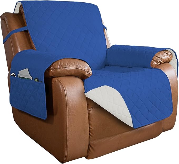 PureFit Reversible Quilted Oversized Recliner Sofa Cover, Water Resistant Furniture Protector, Washable Couch Cover with Elastic Straps for Kids, Pets (Large, Classic Blue/Ivory) | Classic Blue/Ivory, Water Resistant Couch Protector, Washable Pet Couch...