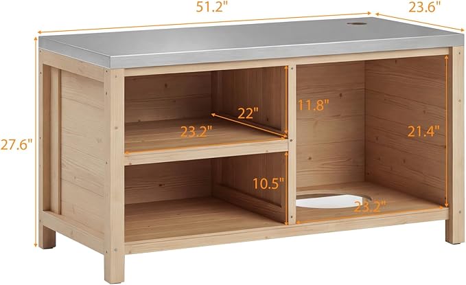MOUMON Patio Grill Prep Table with Propane Tank Storage, Solid Cedar Patio Cabinet with Stainless Steel Top, Outdoor Cooking Station, Propane not Included, Oak 51.2”W x 23.6”D x 27.6”H