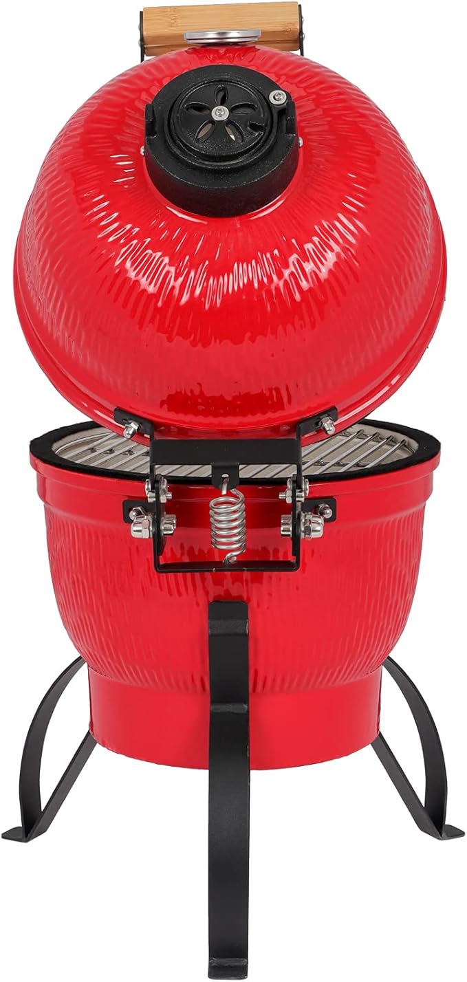 13in Round Ceramic Charcoal Grill,Portable Barbecue Grill with Thermometer for Variations on Cooking Methods, Round BBQ Stainless Steel Camping Picnic Cookware,Orange