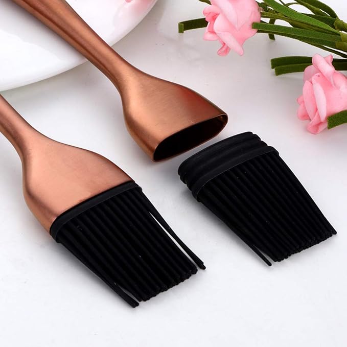 2 Pack Grill Basting Brush with 2 Pack Back Up Silicone Brush Heads, No Shed Bristles Stainless Steel Handles Heatproof Rust Resistant, Pastry Brushes for Kitchen Cooking BBQ (Rose Gold)