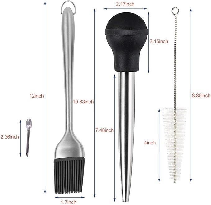Deluxe 304 Stainless Steel Turkey Baster Syringe Injector Needle with Cleaning Brush & Heavy Duty 12 Inch Stainless Steel Handle Silicone BBQ Basting Brush