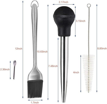 Deluxe 304 Stainless Steel Turkey Baster Syringe Injector Needle with Cleaning Brush & Heavy Duty 12 Inch Stainless Steel Handle Silicone BBQ Basting Brush