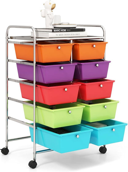 HOMGX Rolling Cart with 10 Drawers, 10 Tiers Multicolor Trolley, Drawer Bin Carts with 2 Lockable Wheels, Adjustable File & Debris Organizer Cart, Rolling Storage Cart for Office, School, Home