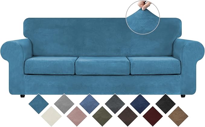 WEERRW 4-Piece Couch Cover for Sofa Velvet Slipcover Washable, Peacock Blue | Sofa Covers for 3 Cushion Couch Furniture Protector Sofa Slipcovers with Non Slip Elastic Bottom, Pet Friendly, Large