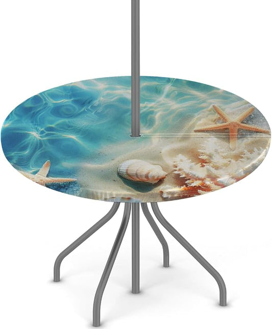 Round Outdoor Tablecloth with Umbrella Hole - Waterproof Patio Table Cover with Zipper Elastic Table Cloth Fits 36"-44" Tables for Party Cafe Garden Decor(Ocean Shells Starfish)