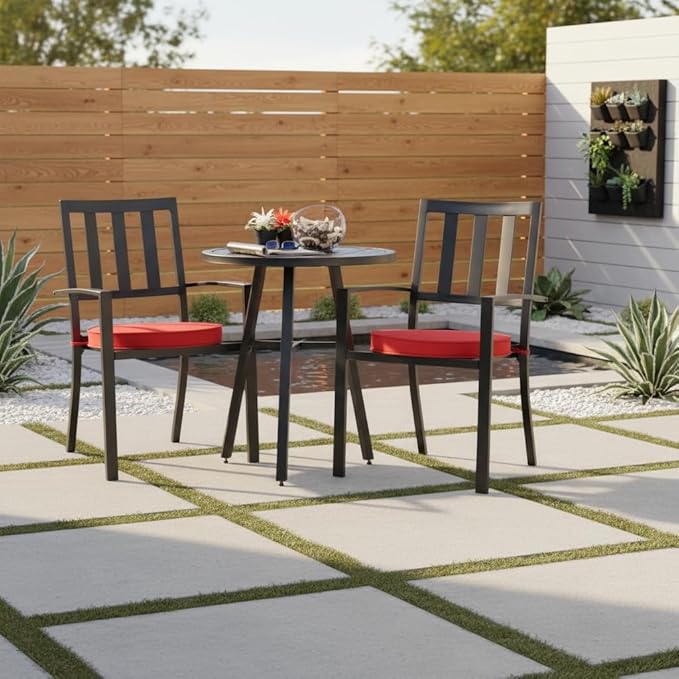 Set of 2 Outdoor 18 inch Round Patio Dining Chair Pads – Comfortable Fiber-Filled Seat Cushions with Ties, Reversible Polyester Fabric - Salsa Red