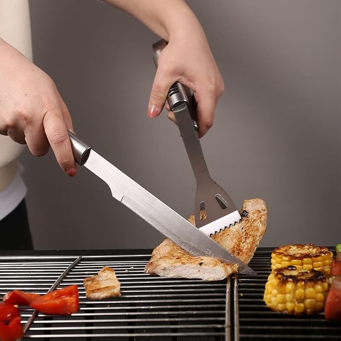 BBQ Grill Tool Set BBQ Grilling Accessories Set 8PC Barbecue Grill Tools Utensils Set for Outdoor with Spatula, Fork, Knife, Brush, Tongs, Seasoning Bottle Grilling Gifts for Men Dad