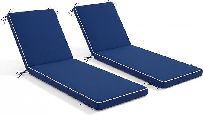 Chaise Lounge Cushions Outdoor, 72 x 21 Inch Water & Fade-Resistant Patio Furniture Lounge Cushion Set of 2, Beach Umbrella Lounger Chair Replacement Cushion with Removable Cover Pad, Navy Blue