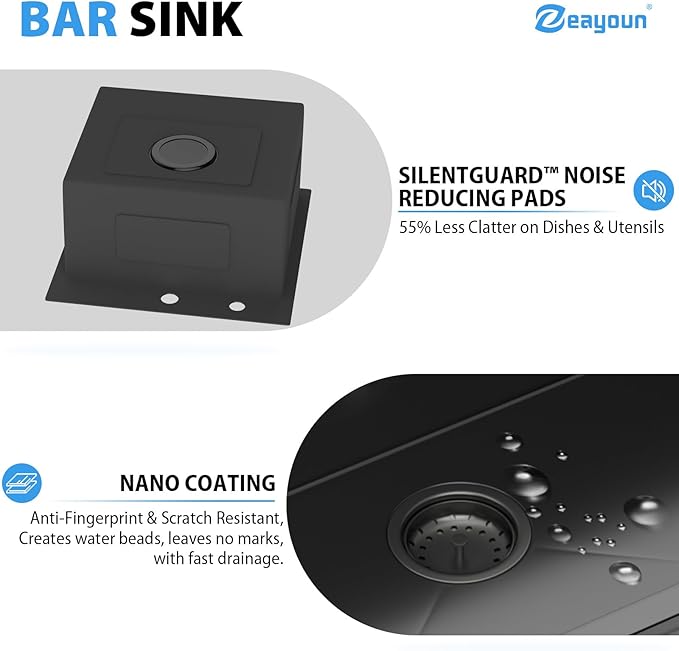 18 In Gunmetal Black Drop Bar Sink 18 x 18 Inch Kitchen Sink 18 Gauge Stainless Steel Single Bowl Topmount Handmade Sink for Outdoor, RV, 18x18x9