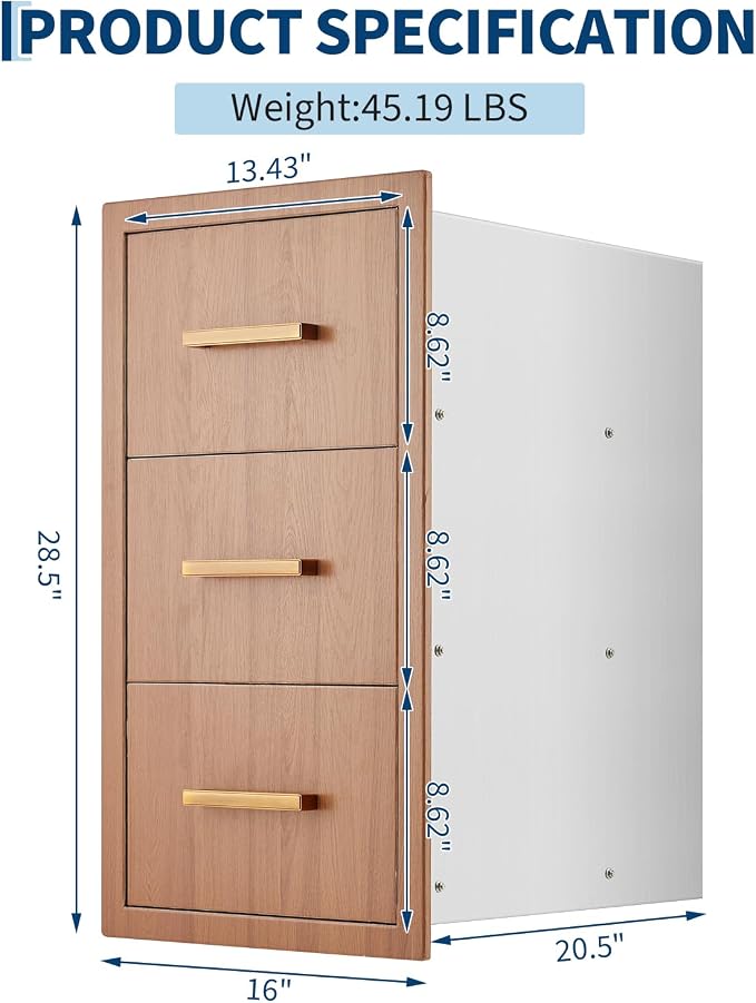 Garvee Outdoor Kitchen Drawers 16" W x 28.5" H x 20.5" D, Flush Mount Triple Access BBQ Drawers with Stainless Steel Handle for Outdoor Kitchens, BBQ Island, Patio Grill Station