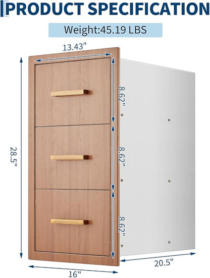 Garvee Outdoor Kitchen Drawers 16" W x 28.5" H x 20.5" D, Flush Mount Triple Access BBQ Drawers with Stainless Steel Handle for Outdoor Kitchens, BBQ Island, Patio Grill Station
