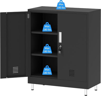 JINGUR Metal Storage Cabinet with Locking Doors and 2 Adjustable Shelves, Lockable Storage Cabinet for Home Office Garage Pantry Living Room (Black)