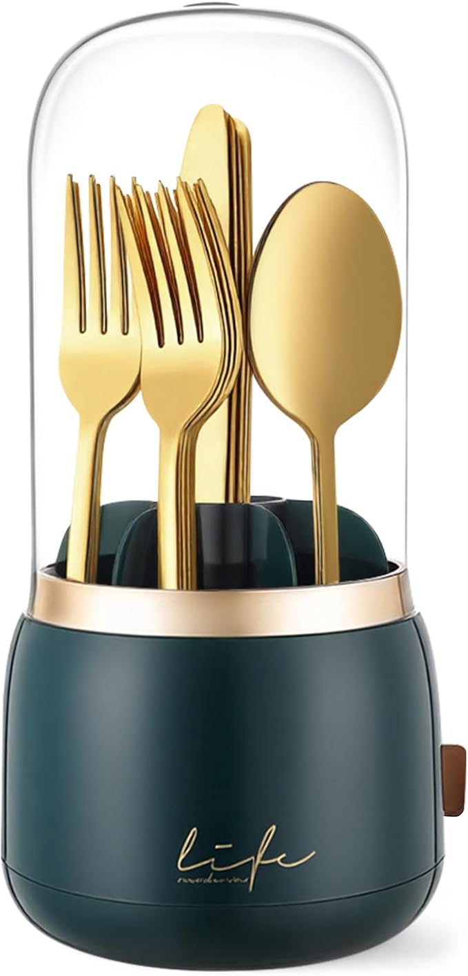 EXIN DECHEN Silverware Organizer with Lid,Cutlery Holder,Green with Gold | Waterproof and Dustproof,360°Rotating,Store Knives Forks Spoons Chopsticks for Kitchen Counter,Table,Party,Outdoor Camping,Rv