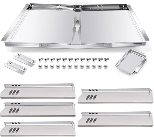 Hiorucet Adjustable 24''-30'' Grill Drip Pan Kits for Dyna Glo DGF493BNP, DGF510SBP, Backyard Grill BY13-101-001-12, Grease Tray and Heat Plate Shields for Dyna Glo Grill Replacement Parts 5 Burner.