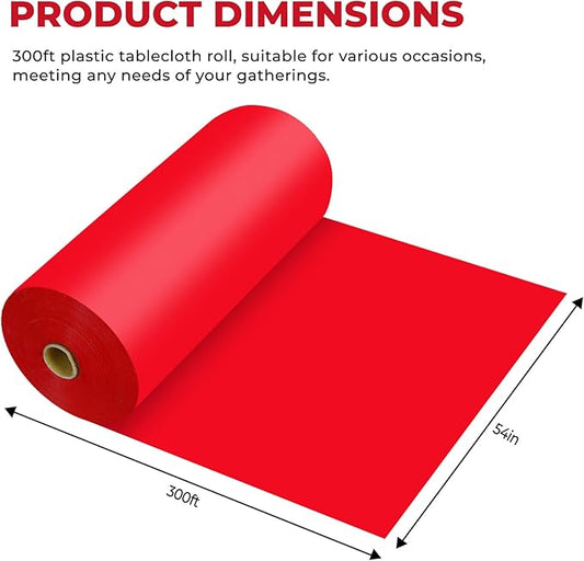 54 Inch X 300 Feet Plastic Table Cover Roll Premium Disposable Plastic Tablecloth for All Type/Shape Tables | Picnic, Party, Banquet, Birthdays, Weddings (Red, 54 Inch X 300 Feet)