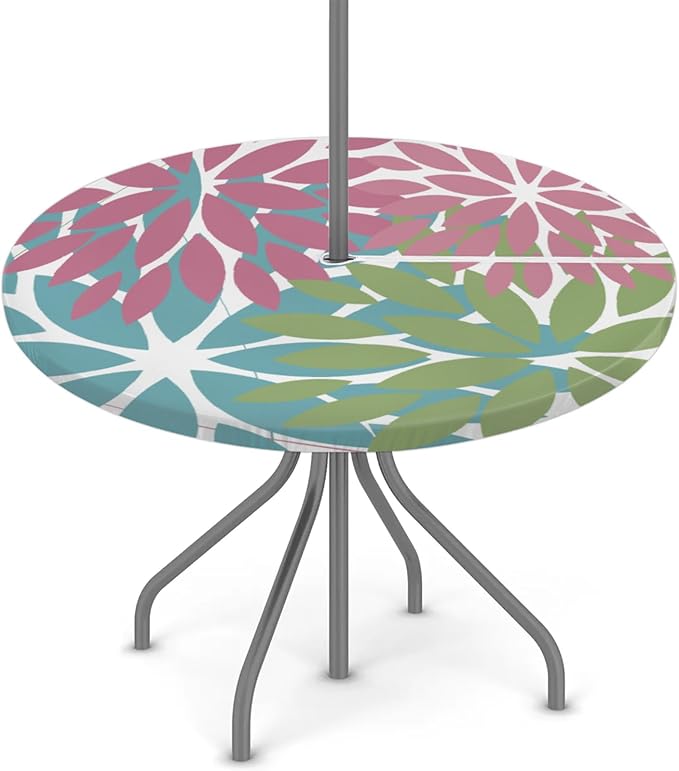 Round Tablecloth with Umbrella Hole and Zipper Elastic Fitted Table Cloth 45"-56" Oil-Proof Waterproof Patio Table Cover for Outdoor Picnic Party, Spring Summer Geometric Elegant Pink Green