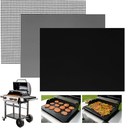 INFRAOVENS Set of 3 BBQ Grill Mats, Reusable Grilling Accessories for Outdoor Grill, Gas, Charcoal, Electric, XL Non-Stick - PFOA Free, Easy to Clean, Covers Entire Grill or Cut to Size, 25 x 17 Inch