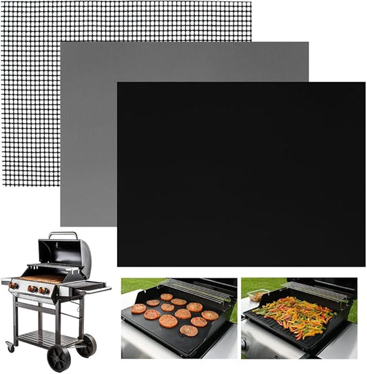 INFRAOVENS Set of 3 BBQ Grill Mats, Reusable Grilling Accessories for Outdoor Grill, Gas, Charcoal, Electric, XL Non-Stick - PFOA Free, Easy to Clean, Covers Entire Grill or Cut to Size, 25 x 17 Inch