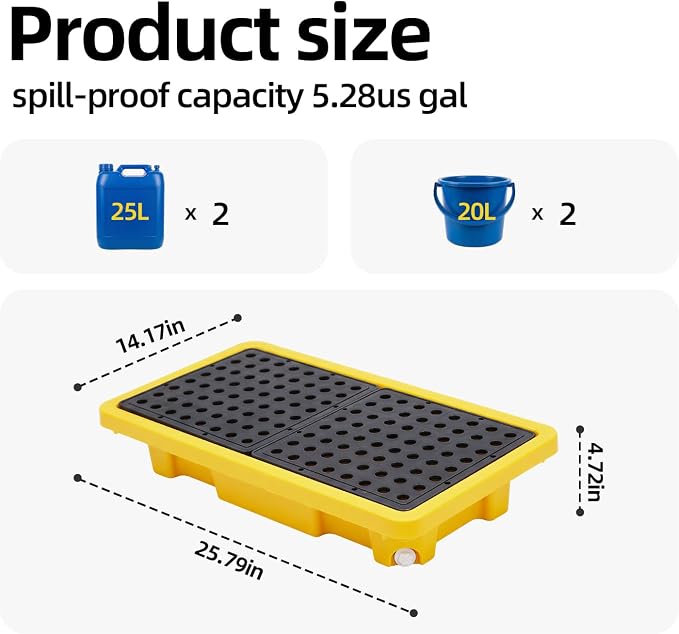 2 Pcs Spill Containment Pallet, 2-Drum Plastic Platform with Drain Outlet, 2000Lbs Load 26”x14”x4.7”, Leakproof Stackable Tray for Garage/Kitchen/Basement/Industrial Storage